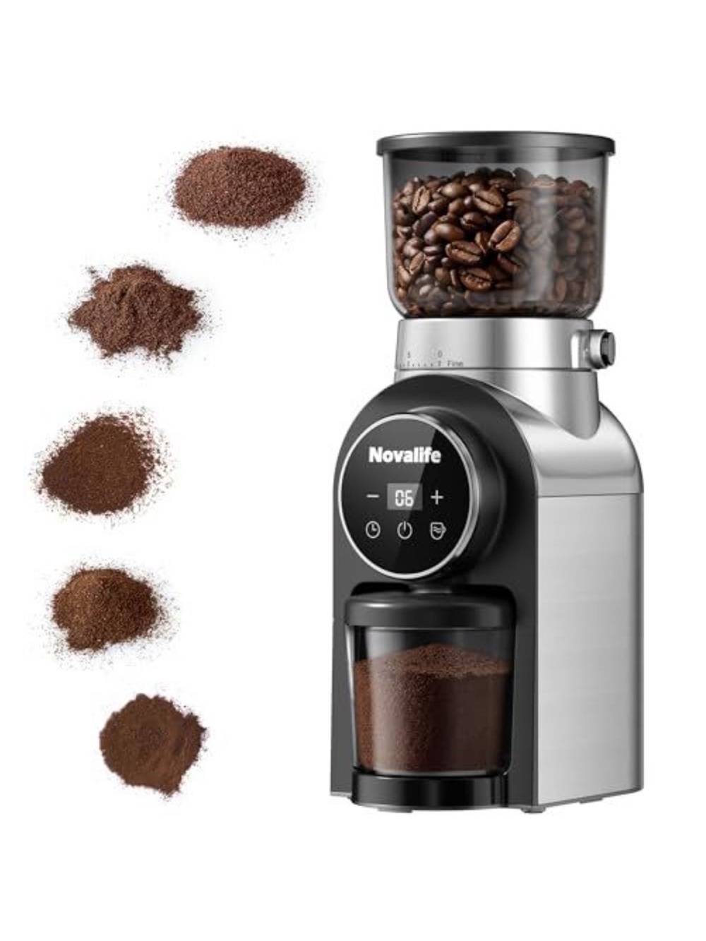 Alife Silver and Black Digital Coffee Grinder with Touch Dial